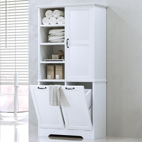 68" Tall Bathroom Storage Cabinet with One Door and Two Laundry Hampers for Home Display Organizer