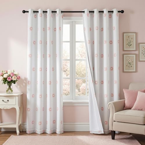 Pink Floral Blackout Curtains for Living Room 90 Inches Long Total Light Blocking Curtain for Girls Bedroom 2 Panels Grommet 100% Room Darkening Window Drapes with Flower Sheer 50W x 90L (2 Count)