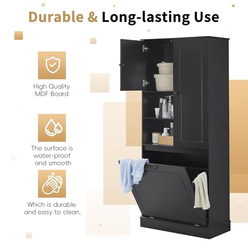 68" Tall Bathroom Storage Cabinet with Two Doors and Laundry Hamper for Home Display Organizer