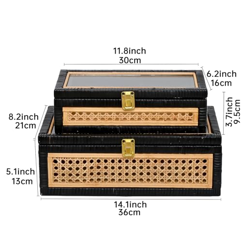 Black Rattan Decorative Wood Storage Boxes with Glass Lids Set of 2