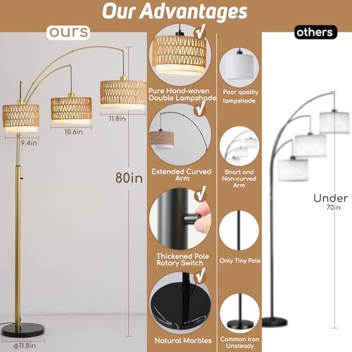 80'' Brushed Gold Rattan Arc Floor Lamp for Living Room