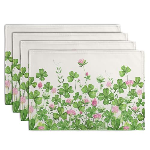 Shamrocks St. Patrick's Day Placemats Set of 4 Watercolor Lucky Clovers St Patrick's Day Table Mats Seasonal Spring Green Leaves Linen Place Mats for Party Kitchen Dining Outdoor Indoor Decor