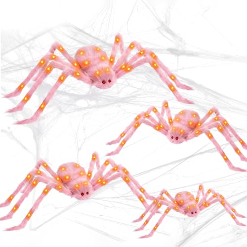 4 Pack Large Halloween Light up Spiders Decorations 4ft 2.9ft 2.4ft 2ft Black Fake Giant Light up Spider Bendable Outdoor Yard for Halloween Garden Party Decor (pink with orange light)