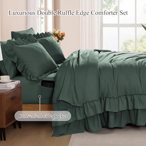 Full Size Comforter Set Forest Green Ruffle 7 Pieces Farmhouse Bed in a Bag
