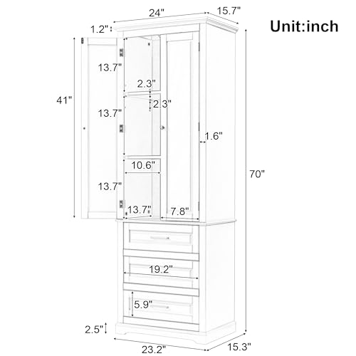 70“ Tall Storage Cabinet Pantry Cupboard with Doors and Drawers for Home Kitchen