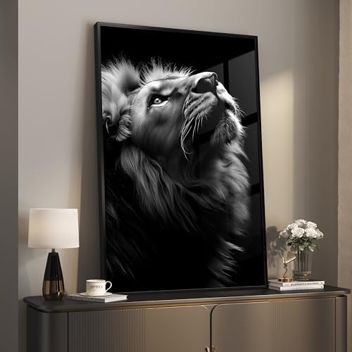 Framed Modern Black and Gray Lion Animal Wall Art