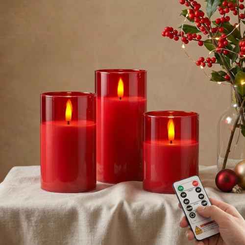 Red Glass Flameless LED Candles Battery Operated with Remote Timer (3 Count)