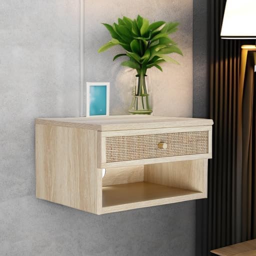 Nathan James Jackson Wall Mounted Rattan Floating Bedroom Nightstand with Storage Drawer and Modern Open Shelf Cubby, Light Oak/Rattan