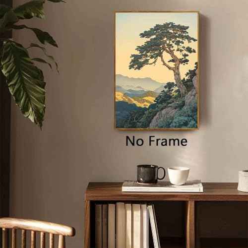 Mountain Landscape Painting Pine Tree Canvas Chinese Style Painting Forest Tree Wall Art Retro Nature Posters Green Plants Paintings Modern Abstract Picture Landscape Room Decor 16x24inch No Frame