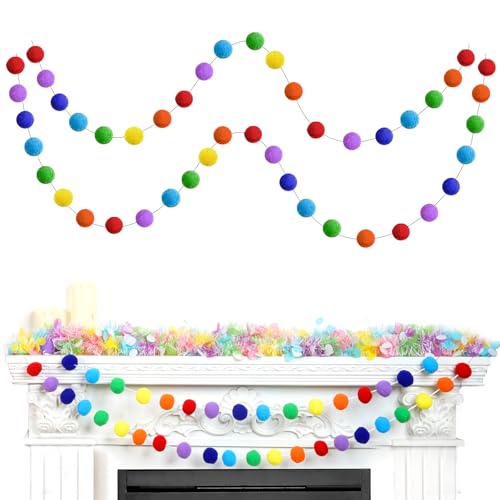 2pk Rainbow Color Pom Pom Garland 13FT Colorful Large Felt Ball Garland for Mantle (26 Foot)
