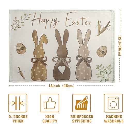 Happy Easter Bunny Placemats Set of 4 Easter Rabbit Egg Carrots Linen Fabric Table Mats Spring Seasonal Rustic Holiday Washable Place Mats for Party Kitchen Dining Indoor Decor 12x18 Inch (4 Count)