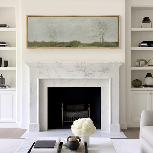 Large Framed Canvas Print Wall Art Soft Pastoral Landscape Wall Art with Trees Antique Retro Fine Art Illustrations Decorative Colorful for Bedroom