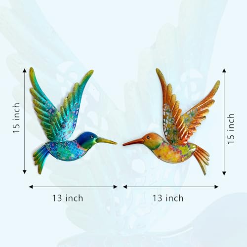 Metal Hummingbird Wall Art 12inch Metal Birds Wall Sculpture Garden Decoration Outdoor Statue Patio Fence Hanging Plaques 2 Pack（Multicolor） (2 Count)
