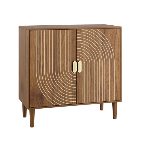 32" Modern Walnut Sideboard Cabinet with Line Groove Doors