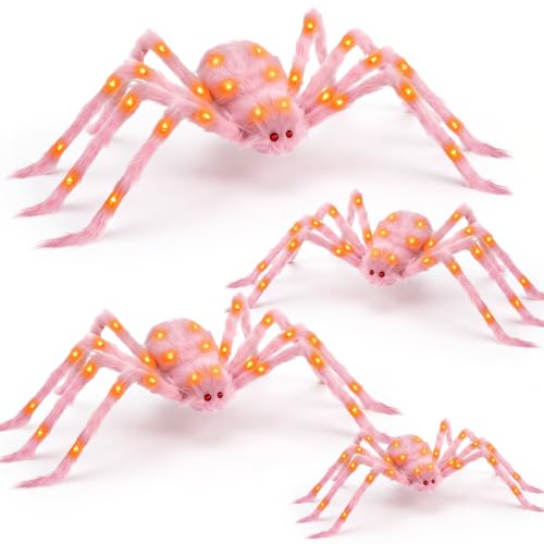 4 Pack Large Halloween Light up Spiders Decorations 4ft 2.9ft 2.4ft 2ft Black Fake Giant Light up Spider Bendable Outdoor Yard for Halloween Garden Party Decor (pink with orange light)