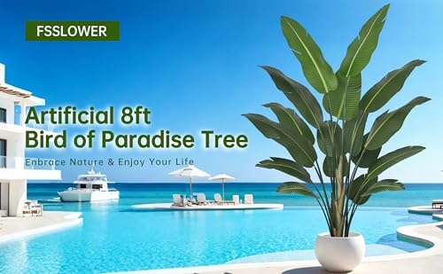Artificial Bird of Paradise Tree 8FT 17 Thick Matte Texture Leaves Tall Large Fake Faux Tropical Traveler's Palm Banana Leaf Plant 96 Inch Black Pot for Indoor Home Office Poolside Decor