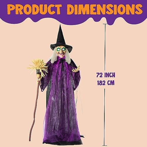 72" Outdoor Halloween Decorations Witch Life Size Animated with LED Eyes and Creepy Sound (Purple)