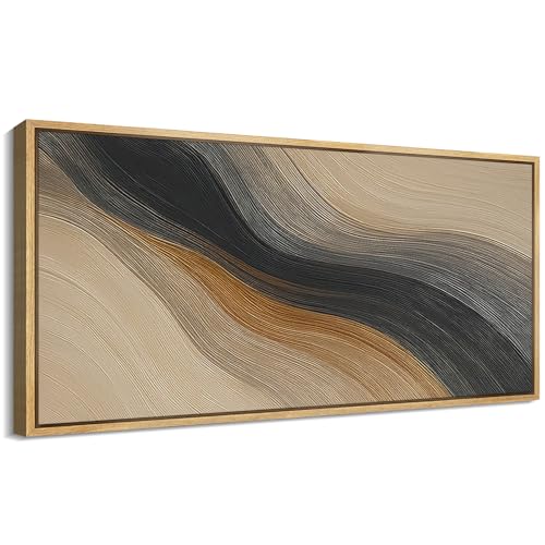Extra Larg Framed Canvas Print Wall Art Abstract Wave Pattern Neutral Black and Brown Modern Geometric Illustrations Decorative Colorful for Bedroom