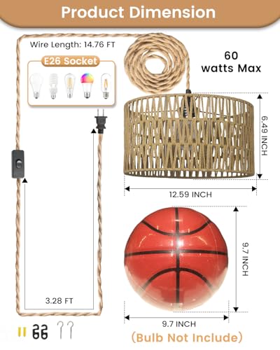 12.6 Inch Boho Hanging Light with Plug in Cord Rattan Hanging Lamp Hand Woven Rattan Wall Lightfor Bedroom