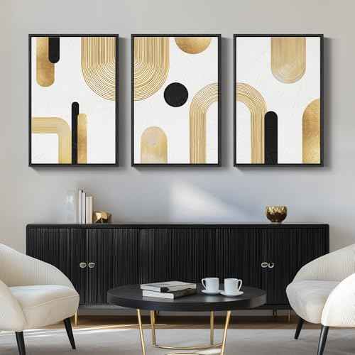 Large Framed Gold Abstract Geometric Wall Art for LIving Room (3 Count)