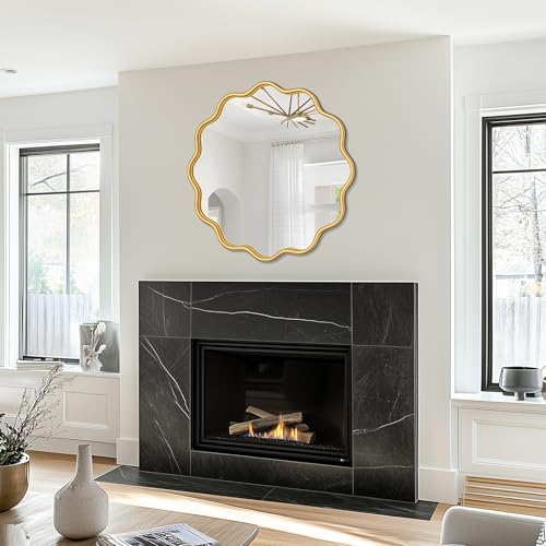 Gold Round Mirror 28 Inch Wavy Bathroom Vanity Mirror Gold Frame Modern Wall Mirror Decorative Wall