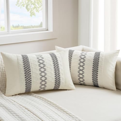 Set of 2 Gray Boho Decorative Lumbar Pillow Covers 12x20 Inch (2 Count)