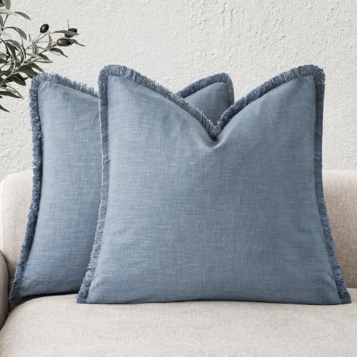 Decorative Linen Fringe Throw Pillow Covers 16×16 Misty Blue (2 Count)