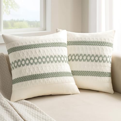 Set of 2 Sage Green Boho Decorative Pillow Covers 24x24 Inch (2 Count)
