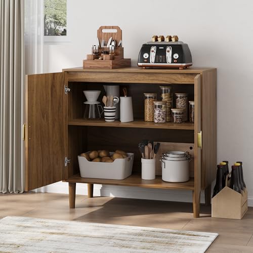 32" Modern Walnut Sideboard Cabinet with Line Groove Doors
