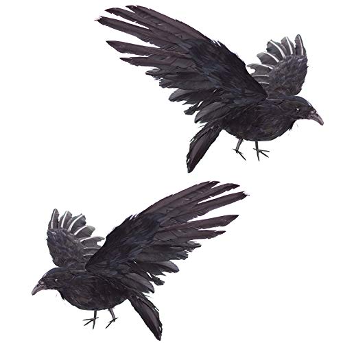 2 Pack Realistic Crows Lifesize Extra Large Handmade Black Feathered Crow for Halloween Decorations Birds (2 Count)