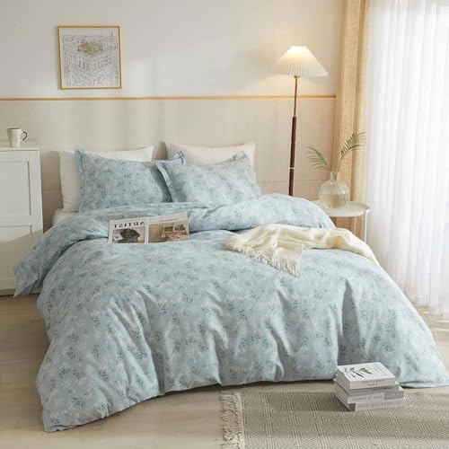 Vintage Floral Comforter Set Full Size Farmhouse Blue Flower Bedding Comforter Chic Floral Girls Cottagecore Bedding Set Soft Microfiber Cute Flower Botanical Comforter Set for All Season