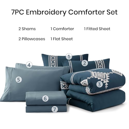 Embroidery Queen Comforter Set 7 Pieces Navy Blue Bed in a Bag