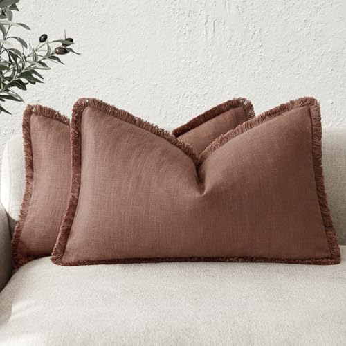 Boho Linen Fringe Lumbar Throw Pillow Covers 12×20 Rust Red (2 Count)