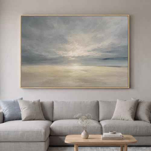 Extra Large Framed Beige Blue Coastal Abstract Wall Art