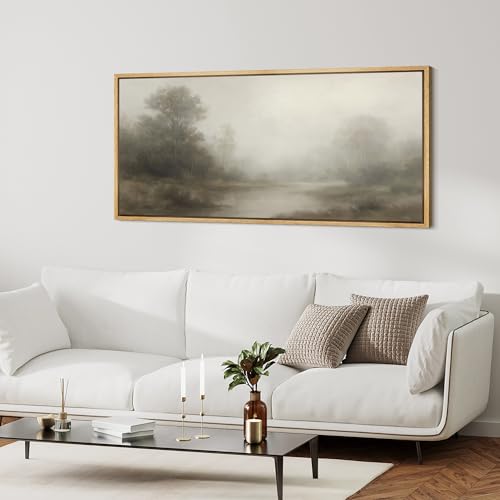 Extra Larg Framed Canvas Print Wall Art Misty Forest River Landscape Neutral Tones Nature Illustrations Decorative Colorful for Bedroom