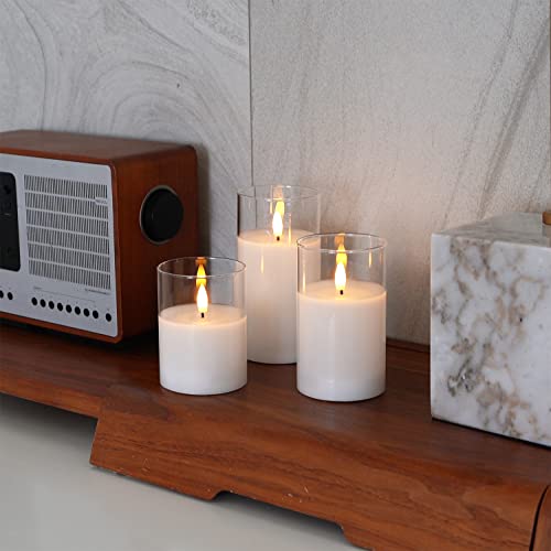White Glass Flameless LED Candles Battery Operated with Remote Timer (3 Count)