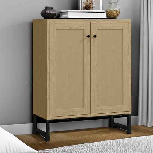 Panana Rattan Decorated 2 Doors Storage Cabinet Accent Cabinet Living Room Cupboard Kitchen Sideboard Buffet Table (Natural)
