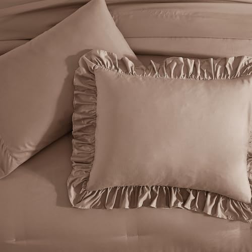 King Size Comforter Set Amber Brown Ruffle 7 Pieces Farmhouse Bed in a Bag