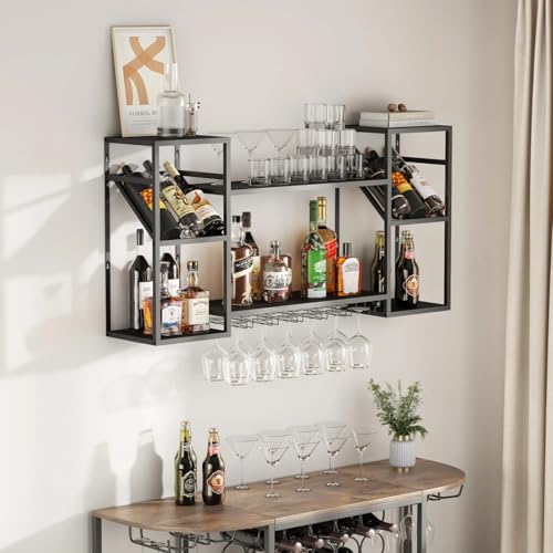 Black Bar Shelf with Integrated Glass Rack for Liquor Display