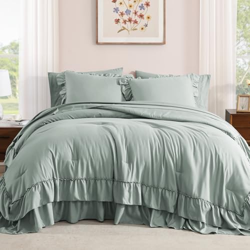 King Size Comforter Set Sage Green Ruffle 7 Pieces Farmhouse Bed in a Bag