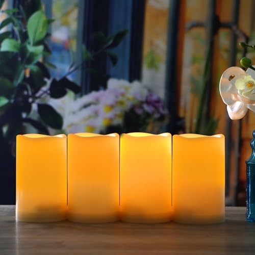 Waterproof Outdoor Battery Operated Flameless Candles with Remote Timer Plastic Realistic Flickering Fake Electric LED Pillars Lantern Garden Wedding Christmas Decorations 3”x5” 6 Pack