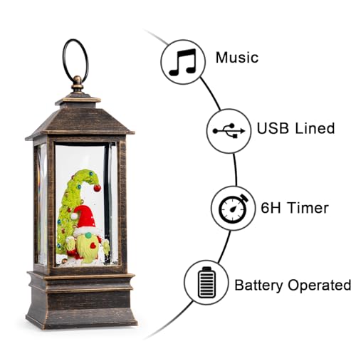 10'' Christmas Gnomes Snow Globe Lantern Lighted Whimsical Christmas Tree & Scandinavian Santa Elf Musical Water Lantern Swirling Glittering Home Decoration and Gift