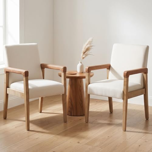 Modern Dining Chairs Set of 2 Linen Fabric Kitchen Arm Chairs Upholstered Accent Chairs with Wooden Legs for Dining Room (2 Count)