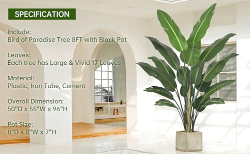 Artificial Bird of Paradise Tree 8FT 17 Thick Matte Texture Leaves Tall Large Fake Faux Tropical Traveler's Palm Banana Leaf Plant 96 Inch Black Pot for Indoor Home Office Poolside Decor