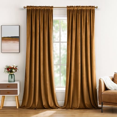 Golden Brown Blackout Velvet Curtains Drapes 96 Inch Long 52"x96" (2 Count)