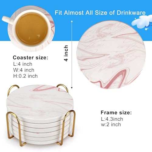 Cute Pink Marble Coasters for Desk Coffee Bar Table Kitchen Decor Set of 6 (6 Count)