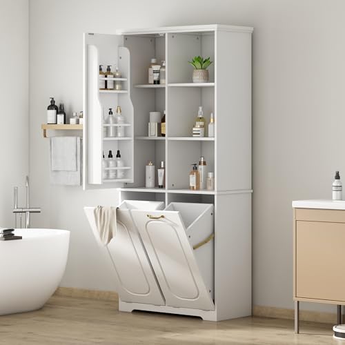 68" Tall Bathroom Storage Cabinet with One Door Shelf and Two Laundry Hampers for Home Display Organizer