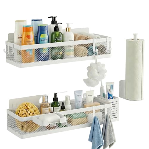 5-in-1 16.5" Extra Long Slim Wall Mount Wrapped Mesh Kitchen Organizer & Shower Caddy Kit, with Paper Towel Holder, Utensil Holder, Soap Dish, Holds 50LBS - White, Netting