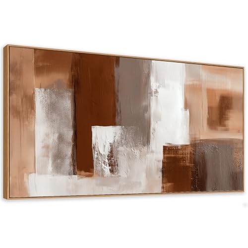 Large Abstract Wall Art 20x40 Inch Brown White Gray Framed Canvas Print Painting Modern Neutral Tone Artwork for Living Room Sofa Bedroom Waterproof & Fade Resistant Wood Frame Decor Ready to Hang
