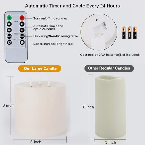 3 Wick Extra Large Flameless Pillar Candles with Timer Remote